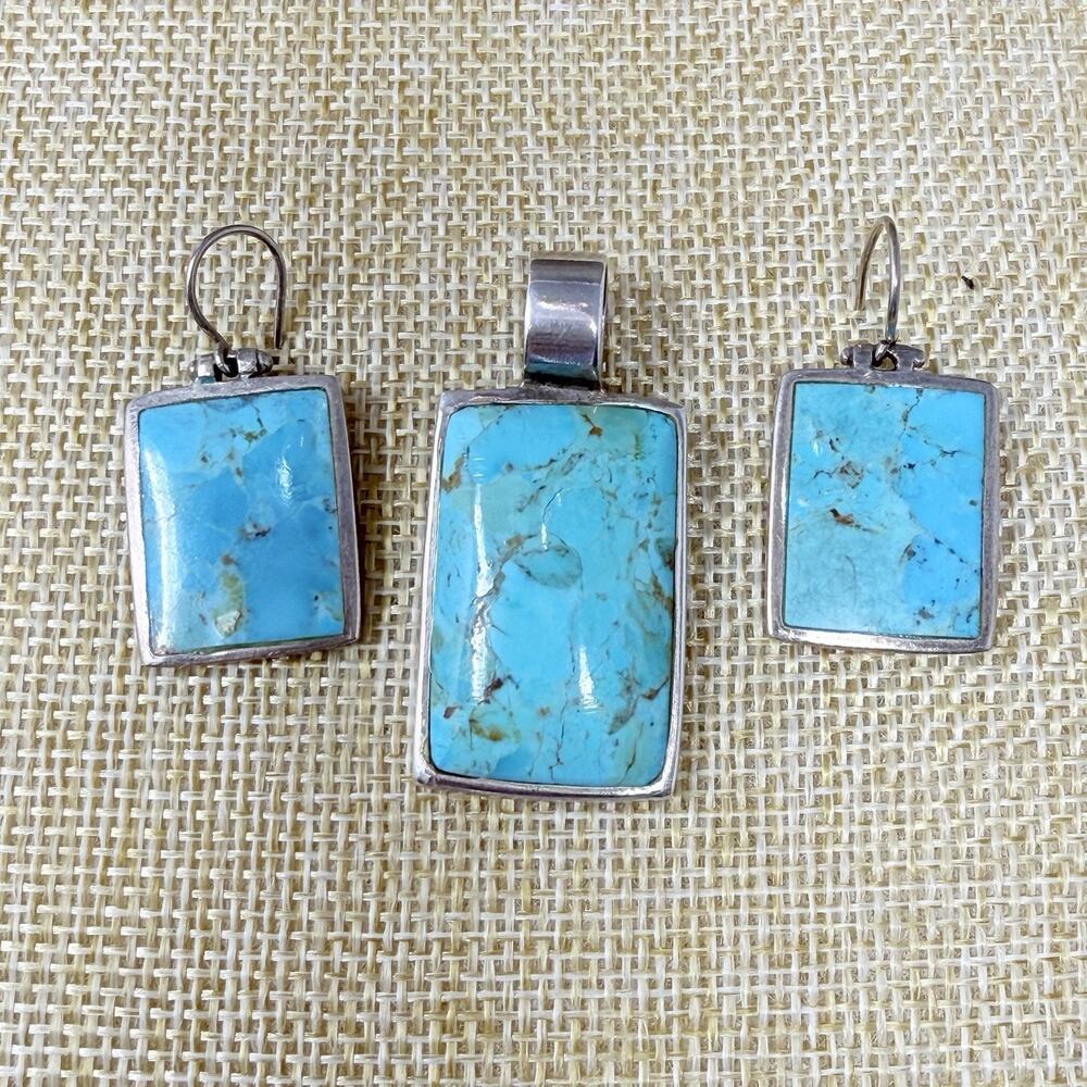 Vintage Sterling Silver 925 Turquoise Rectangle Pendant and Earrings